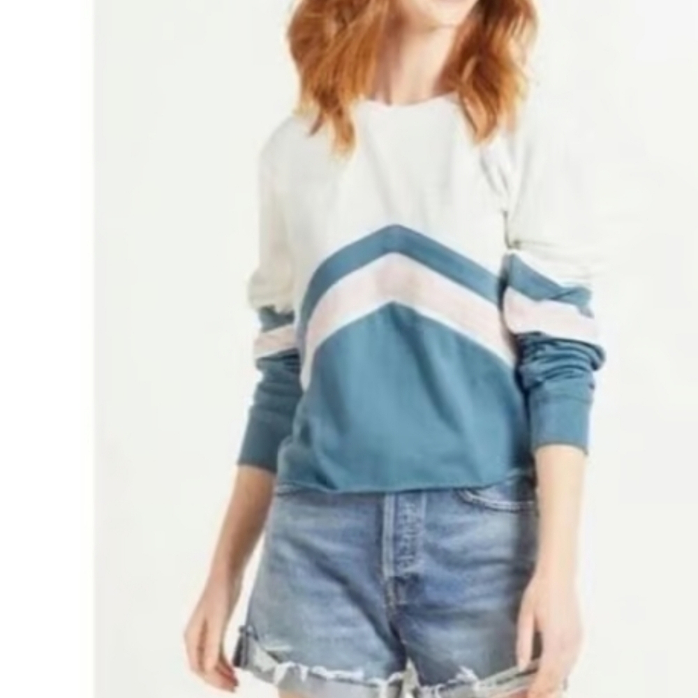 Spiritual Gangster Varsity Cropped Sweatshirt Cream/Blue/Pink Cotton Size Small